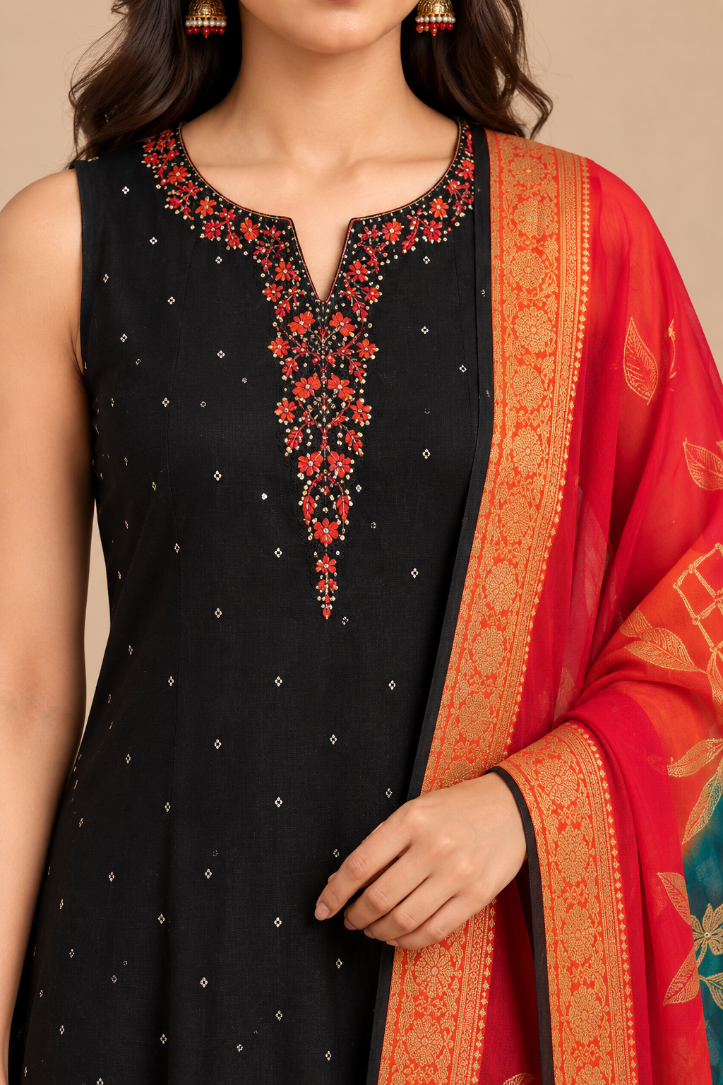 Black Anarkali Kurta Pant Set with Multicolour Printed Dupatta